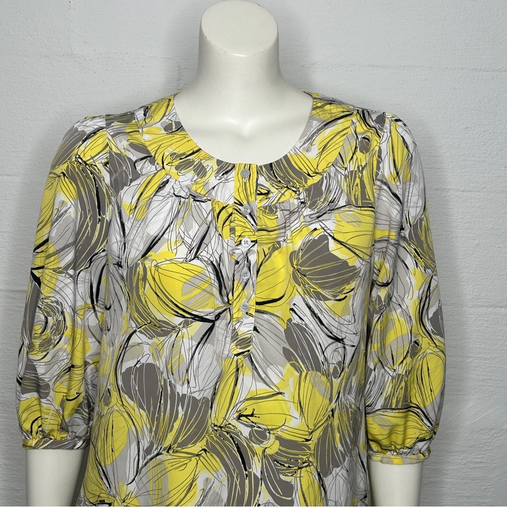Women's Top Yellow Grey White Floral 3/4 Sleeve Size 12 Worthington Shirt